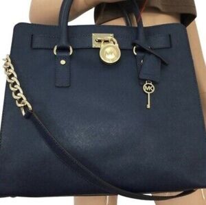 NEW MICHAEL KORS LARGE HAMILTON NAVY LEATHER  Bag  GOLD LOCK & KEY + Long Strap